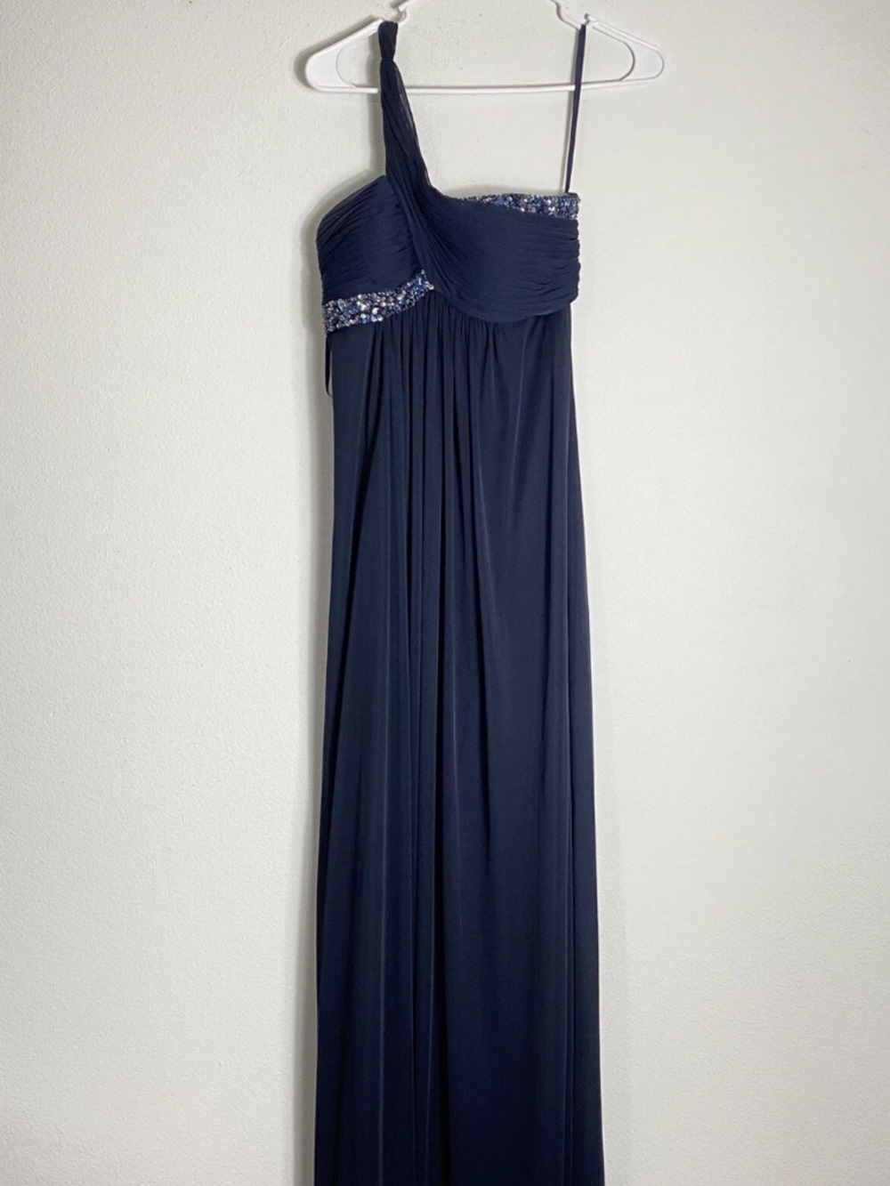 Y2k Vintage Cache Navy One-Shoulder Evening Gown with Beaded Accent Size 8